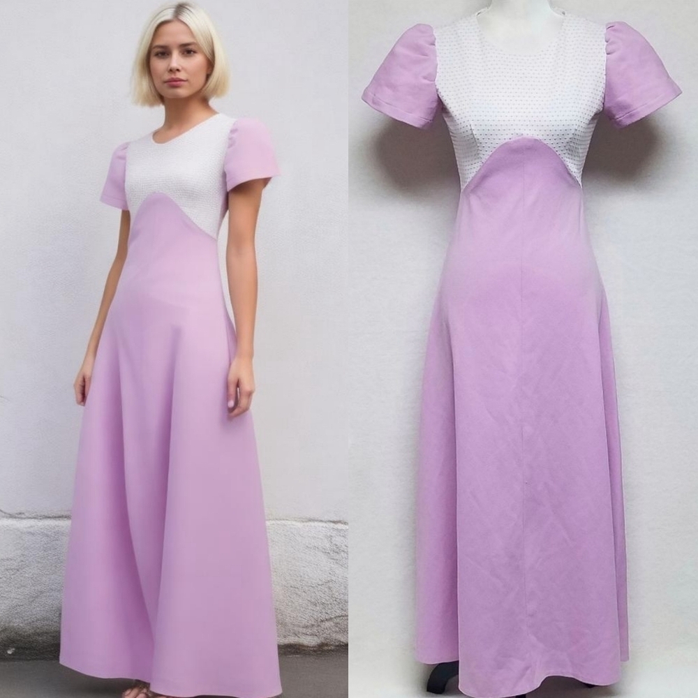 Vintage 1960s Lilac Swiss Dot Handmade Short Sleeve Tie Waist Maxi Dress S
